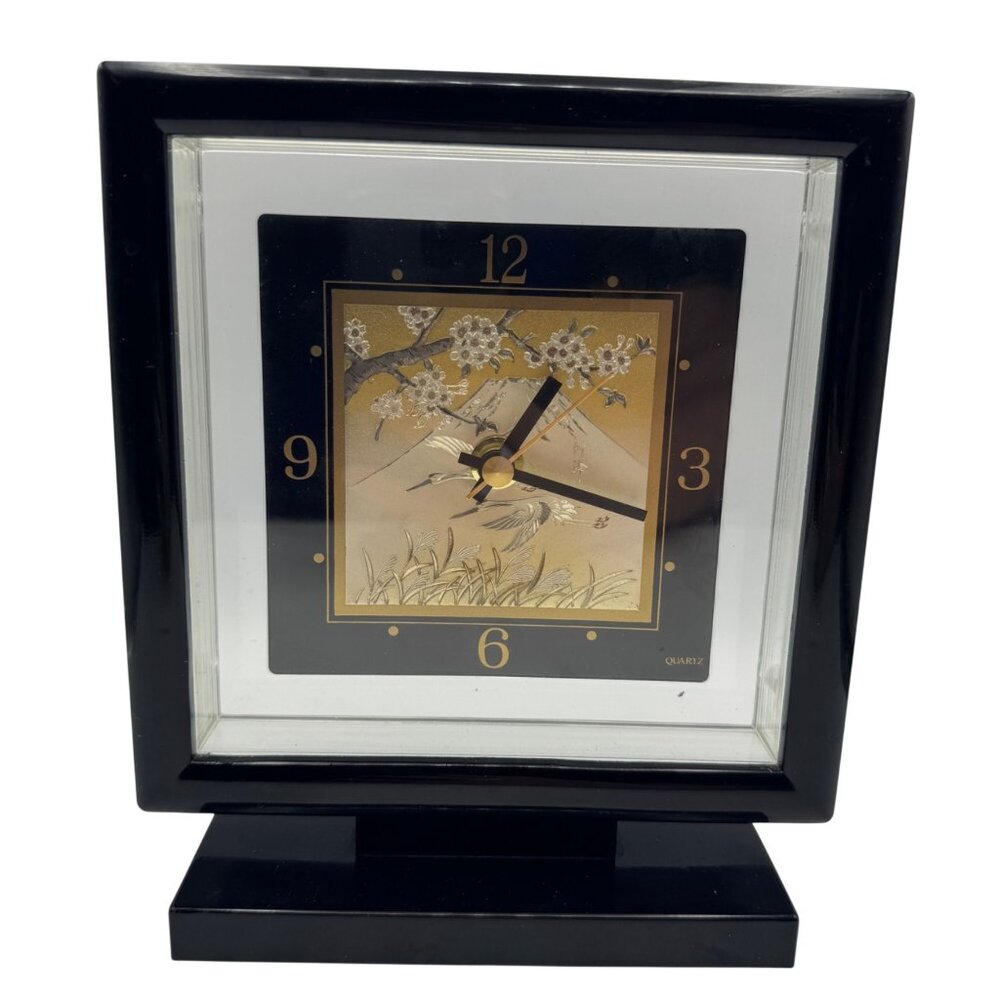 Yamanaka Table Clock With Cherry Blossom & Crane Design Black & Gold Quartz Japa